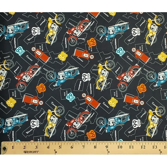 Cotton Cruisin the Open Road Blank Quilting Transportation Travel Signs Motorcycles Black Cotton Fabric Print by the Yard (3754-99)