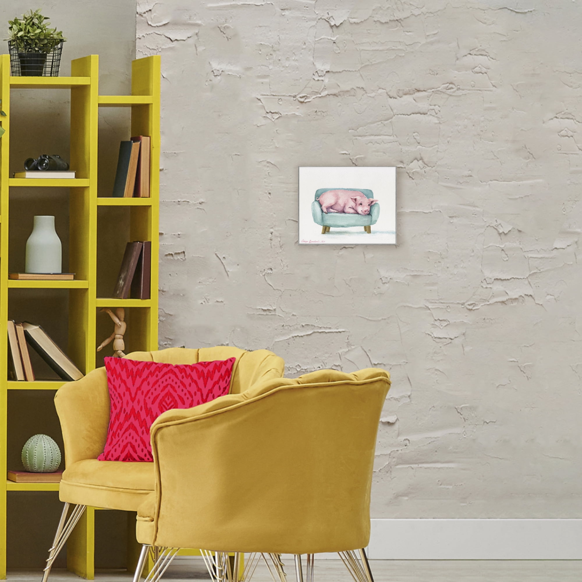 Stupell Industries Cute Piglet on Armchair Gray Framed Giclee Art, design by George Dyachenko