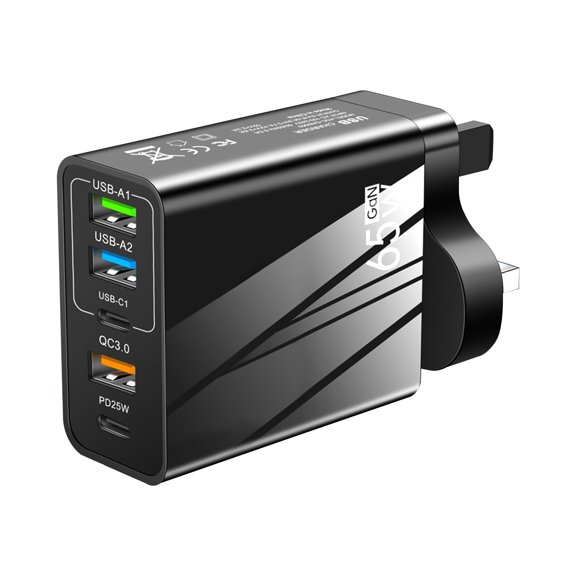 Phone Charger Electronics Travel Adapter with PD Charging 65W USB-C and Three USB Ports for Quick Recharge and -Device Powering