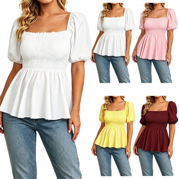 CAIXIA Womens Square Neck Smocked Peplum Blouse Top Ruffle Short Sleeve Flowy Babydoll Cute Shirt Tops