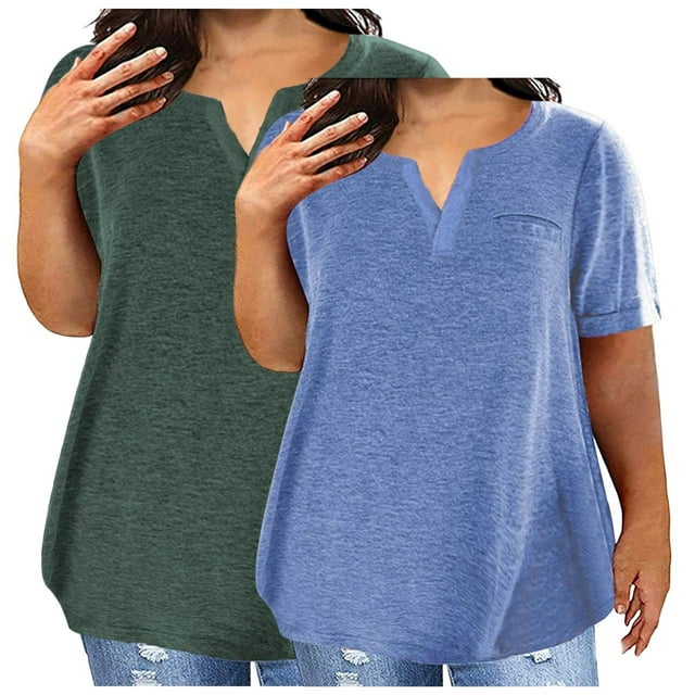 Soki 2PC Women's Plus Size Short Sleeve Tee V-neck Solid Color Oversized T-shirt Tops for Summer L-5XL