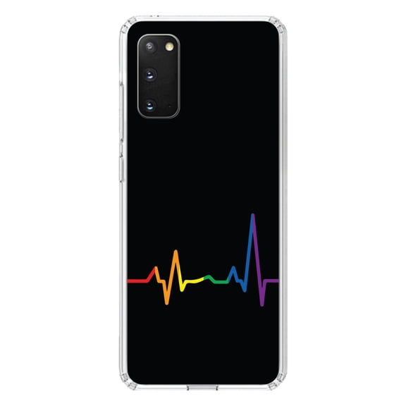 DistinctInk Clear Shockproof Hybrid Case for Galaxy S20 PLUS / 5G (6.7" Screen) - TPU Bumper, Acrylic Back, Tempered Glass Screen Protector - Rainbow Pulse Heart Beat - LGBTQ Support