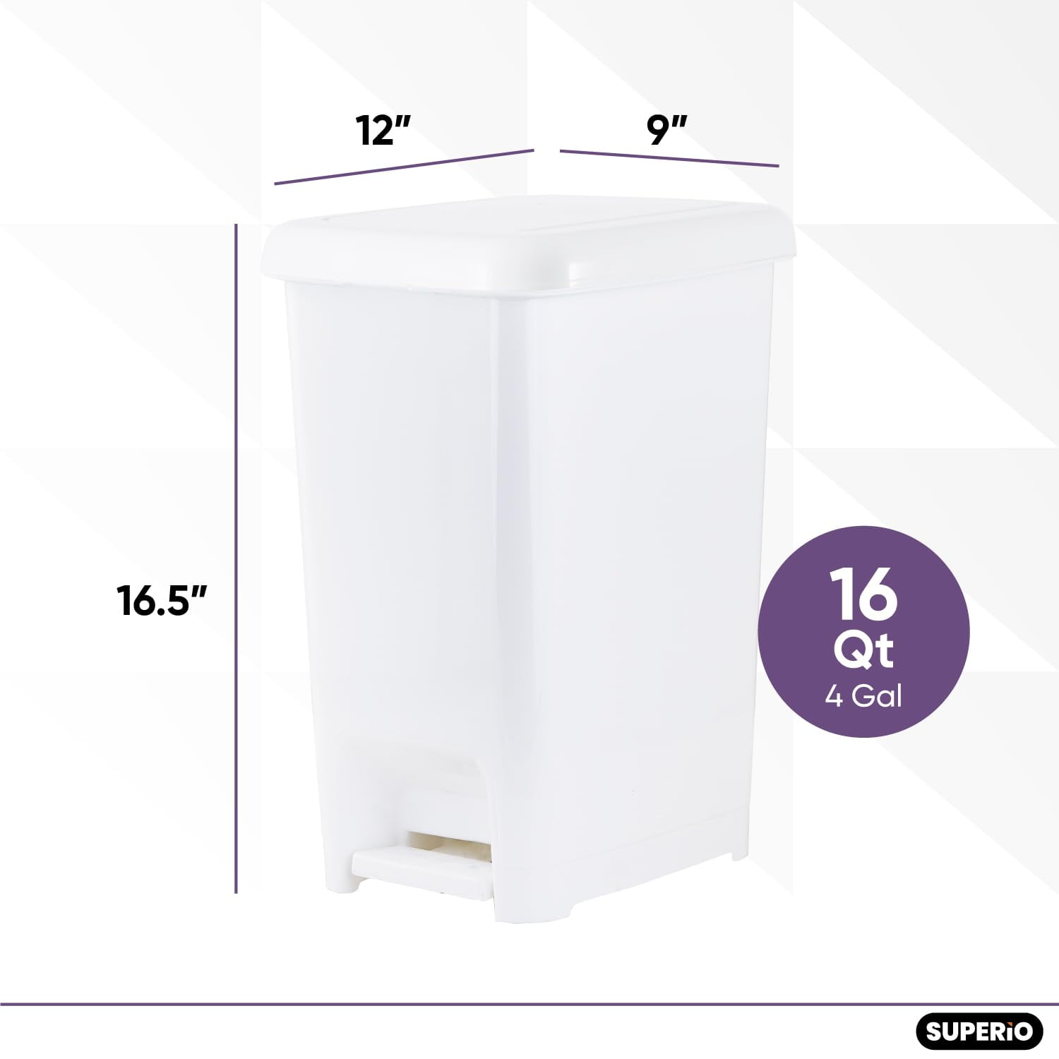 Superio Slim Trash Can with Foot Pedal – 4 Gallon Plastic Step-On Trash Can with Lid, Garbage Can, Small Trash Can for Bathroom, Kitchen, Office, Bedroom, Dorm Room – White (2 Pack)