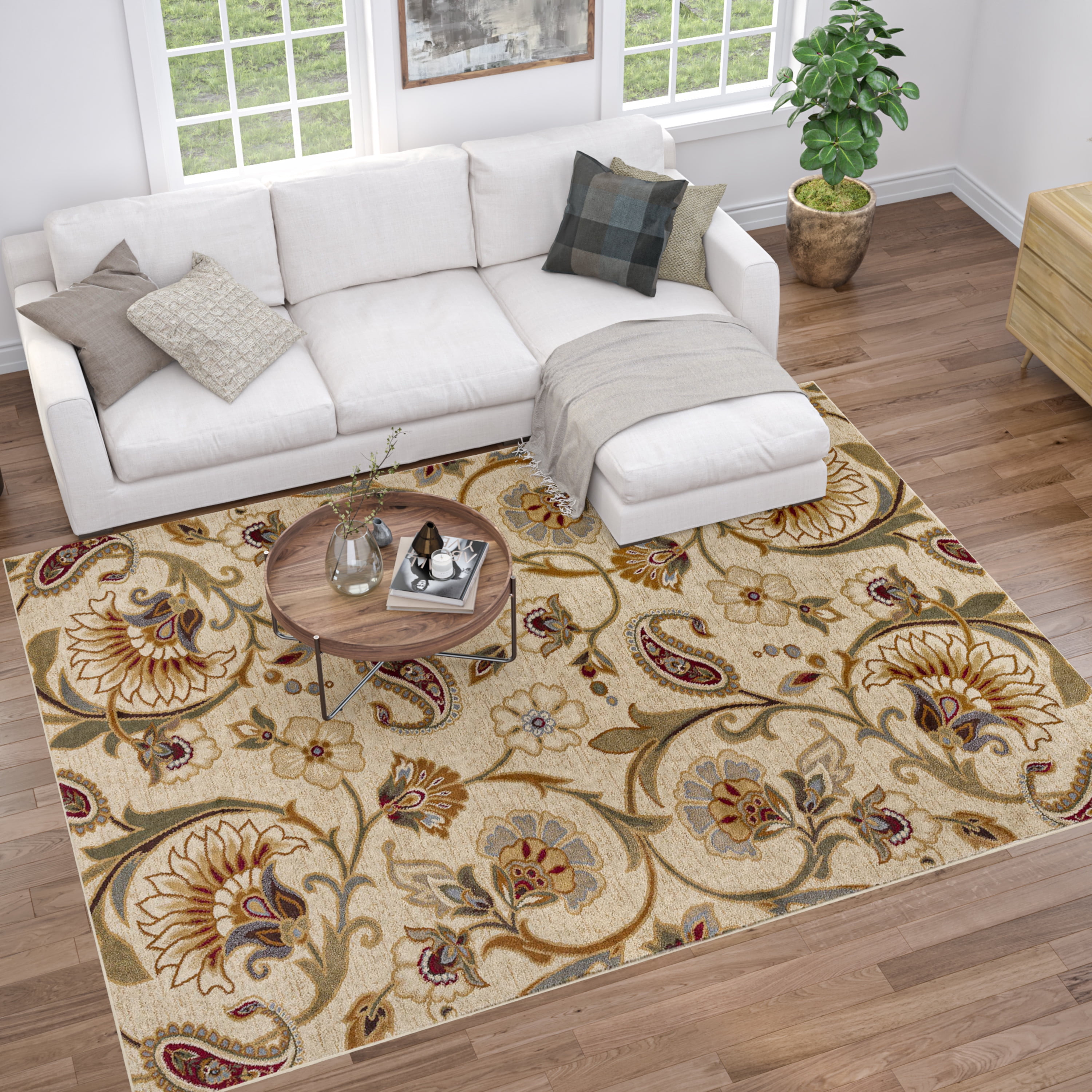 Impressions Transitional 4' x 6' Beige and Green Polypropylene Indoor Area Rug