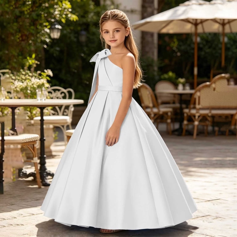 white junior bridesmaid dress Jinhomg Girls One Shoulder Formal Maxi Bow Shoulder Satin Dresses Flower Girl Wedding Guest Ball Gown 2-14 Years White, Girl's styleattribute-street style