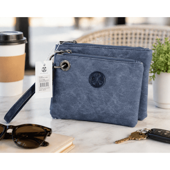 Womens Double Zip Wristlet Pouch Indigo Denim Slim Wrist Strap Bag