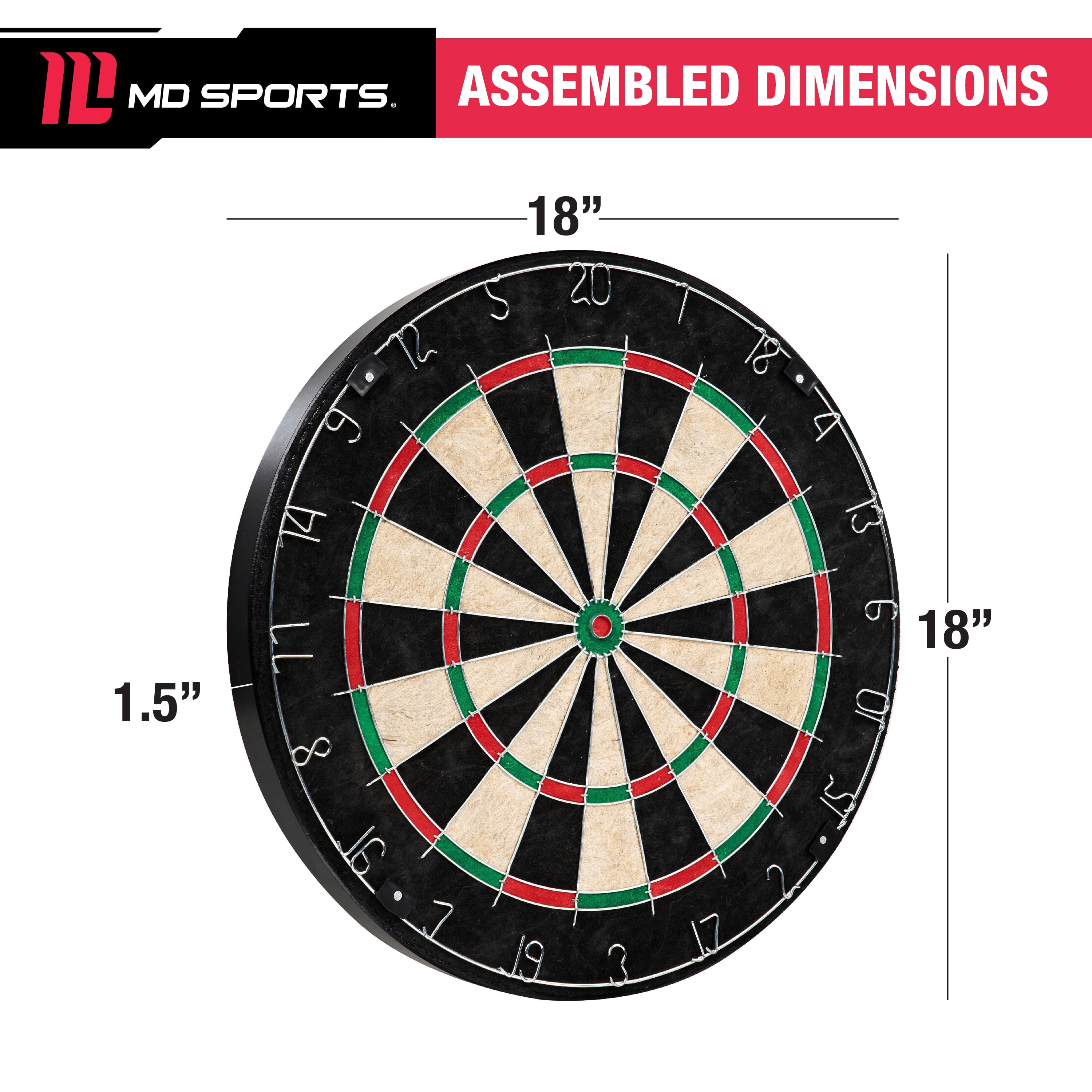 18-in Sisal Dartboard with Staple-Free Bullseye and Steel Tip Dart Set by MD Sports