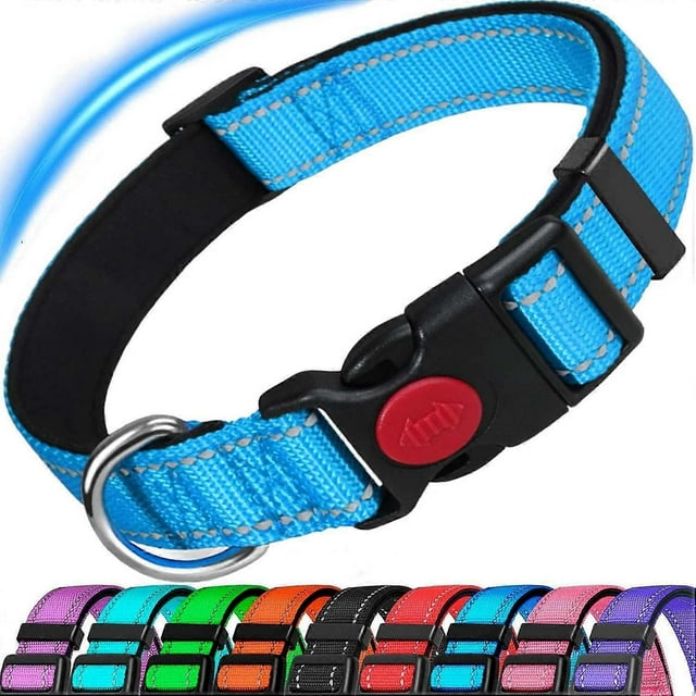 Dog Collar, Reflective Adjustable Basic with Soft Neoprene Padding, Durable Nylon Collars for Puppy Small Medium Large Dogs,Light Blue,L:17.5-27.5inch