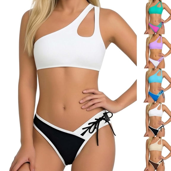 Stamzod Bikini Sets for Women 2026 Two Piece Swimsuit One Shoulder Cutout Bathing Suit Drawstring Cheeky Bottom Black L