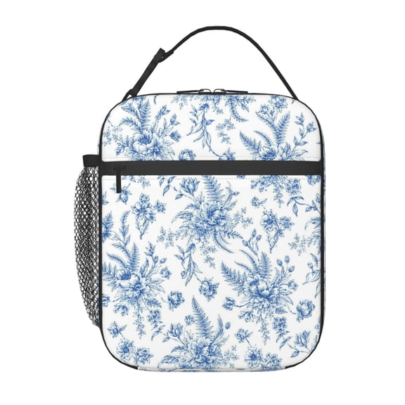 Blue Floral Lunch Bag Reusable Thermal Lunch Box with Handle for Women and Men
