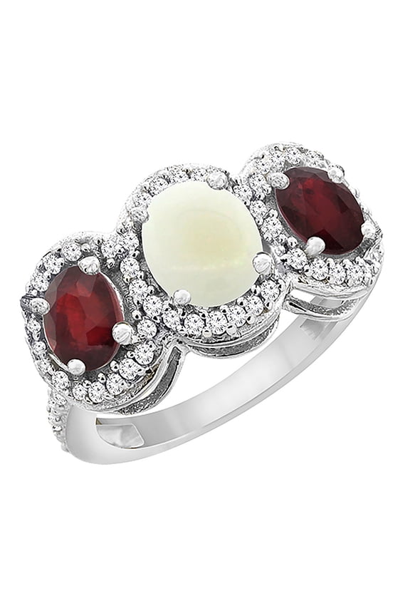 10K White Gold Natural Opal & Enhanced Ruby 3-Stone Ring Oval Diamond Accent, size 6