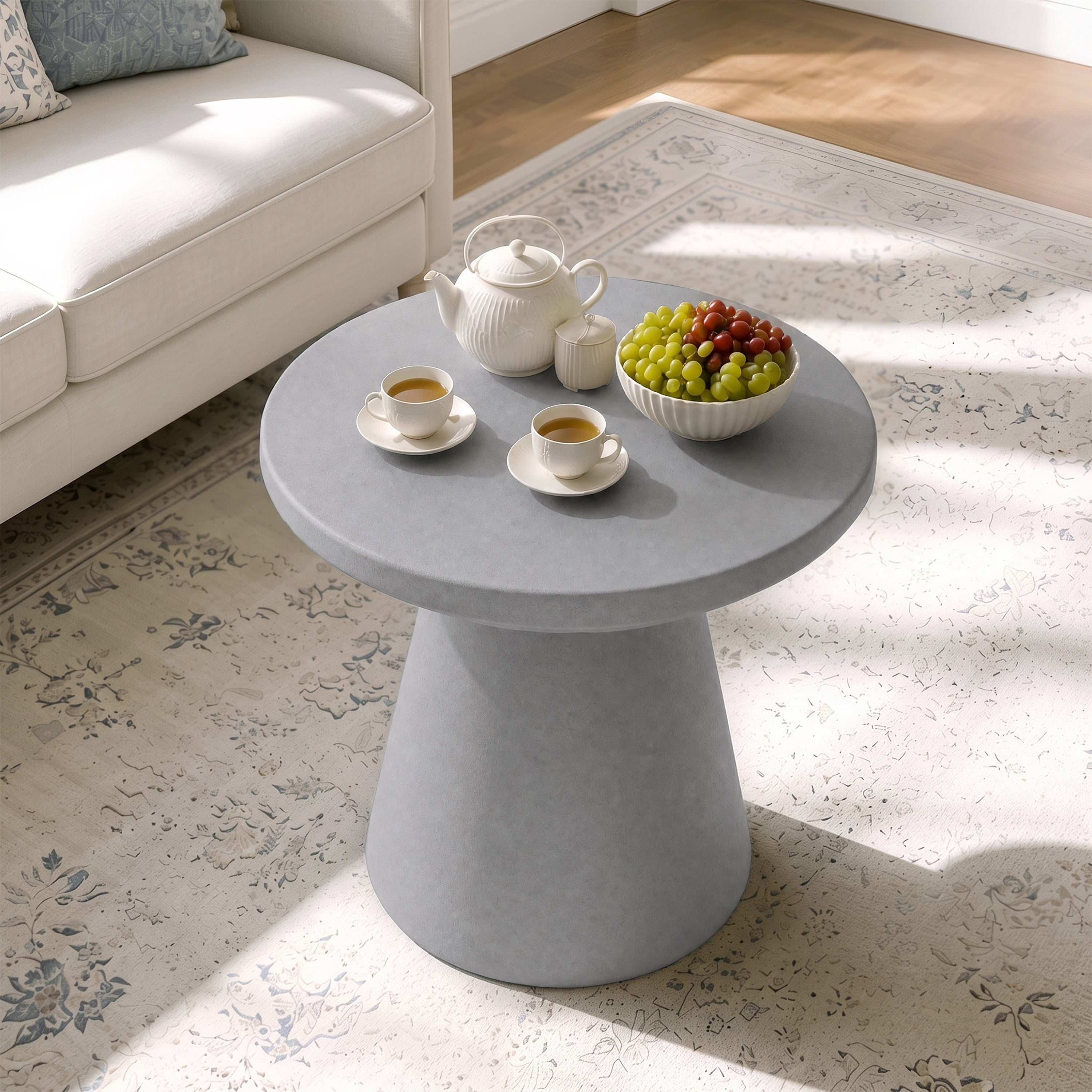 Round MGO Side Table – Durable Construction, Tapered Base,Cement Gray