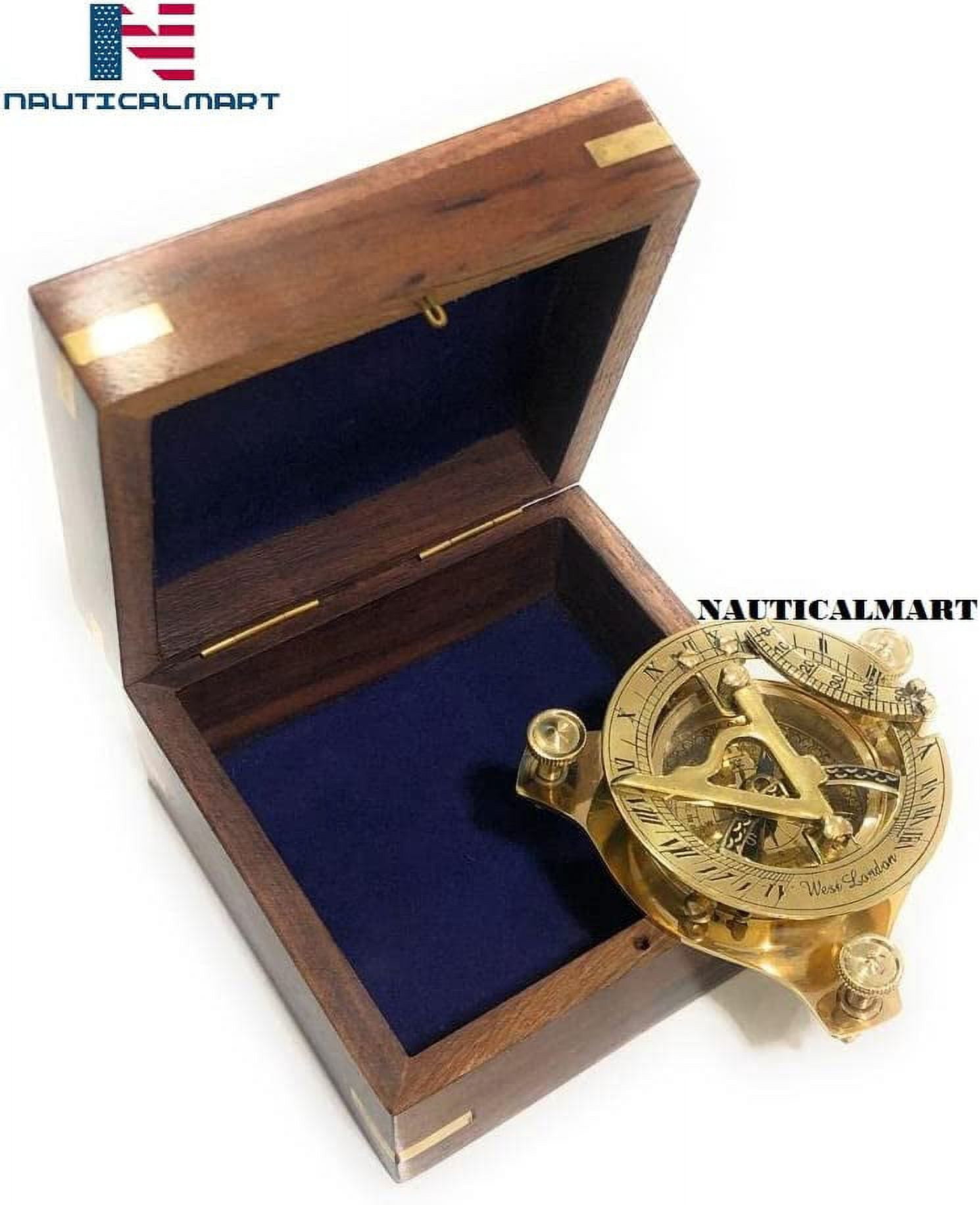 3.75" Brass Sundial Compass with Nautical Wooden Box