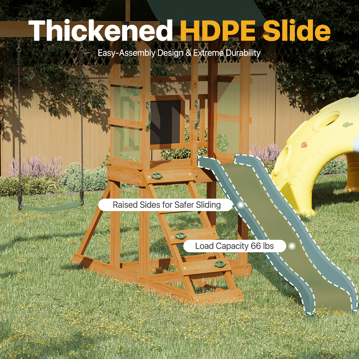 BaPiPro Wooden Backyard Swing Set，Outdoor Playground for Kids with Slide, Play Deck, Rock Wall Ladder, Belt Swings & Chalkboard