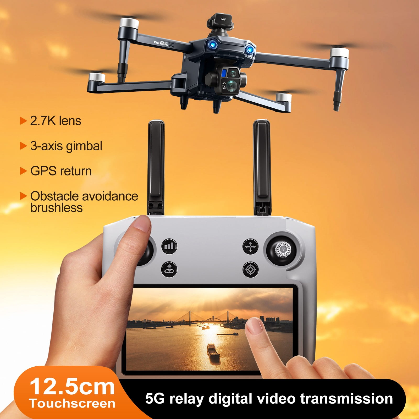 COM1950s Drone with Gps & 2.7K Camera,5 Inch Touch Screen Remote Control for Direct Viewing,Long Range 6000M Transmission with 5G,Foldable Design Featuring Laser Obstacle Avoidance,30Min Flight Time