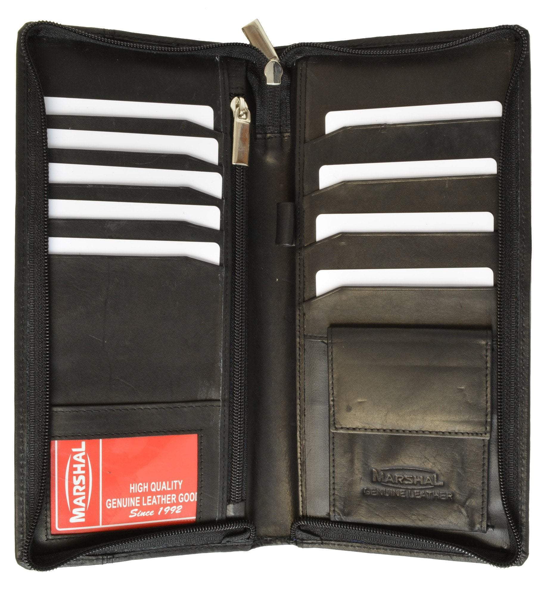 Bifold Black & Navy Genuine Leather Large Travel Passport Zip-Around Wallet
