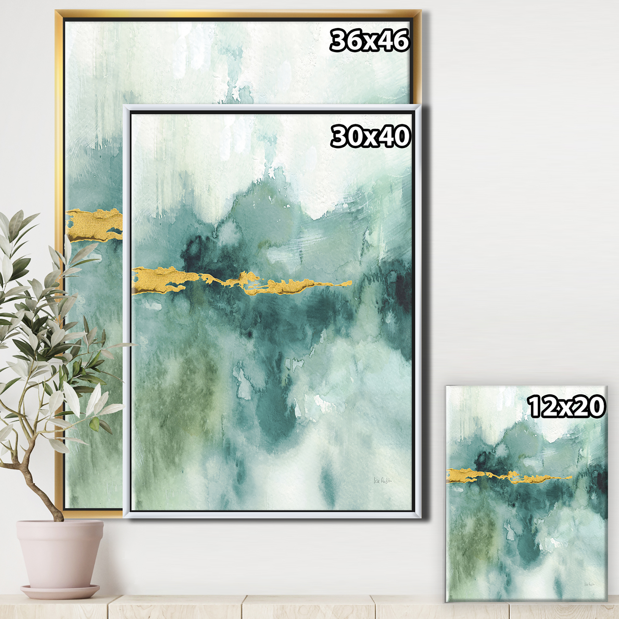 Designart ' Blue Watercolor Impression with Gold ' Traditional Framed Canvas