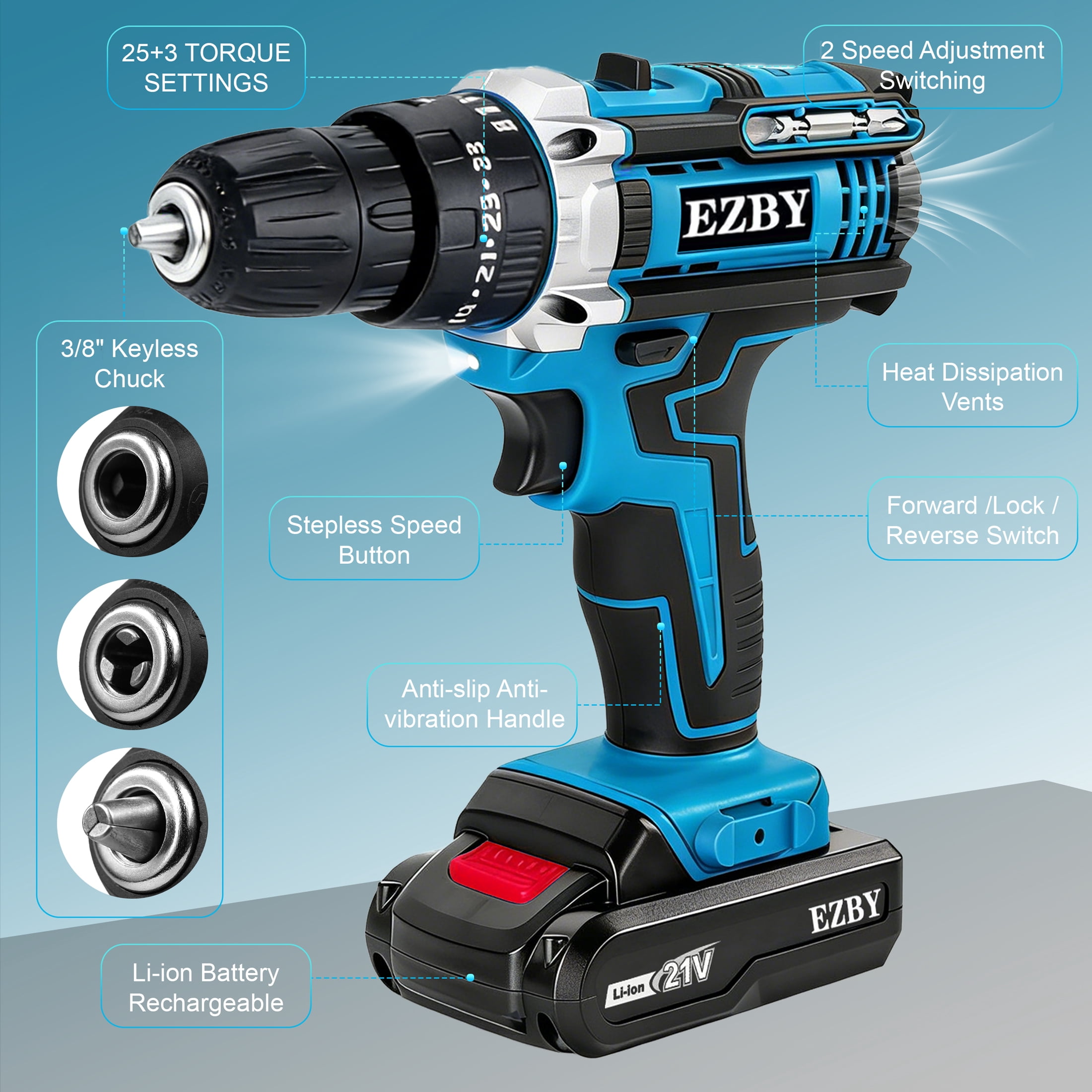 EZBY 21V Cordless Drill Set,Electric Power Drill Driver with 2 Batteries and Screw Kit,3/8" Keyless Chuck,2 Variable Speed, for Home Repair & DIY