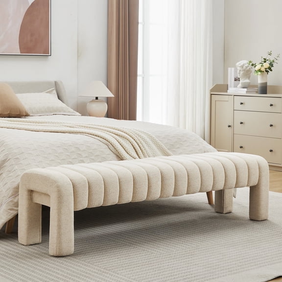 Zesthouse 63″ End of Bed Bench, Linen Tufted Upholstered Ottoman Bench with Padded Seat and Solid Wood Leg, Modern Entryway Bench for Bedroom, Living Room, Beige
