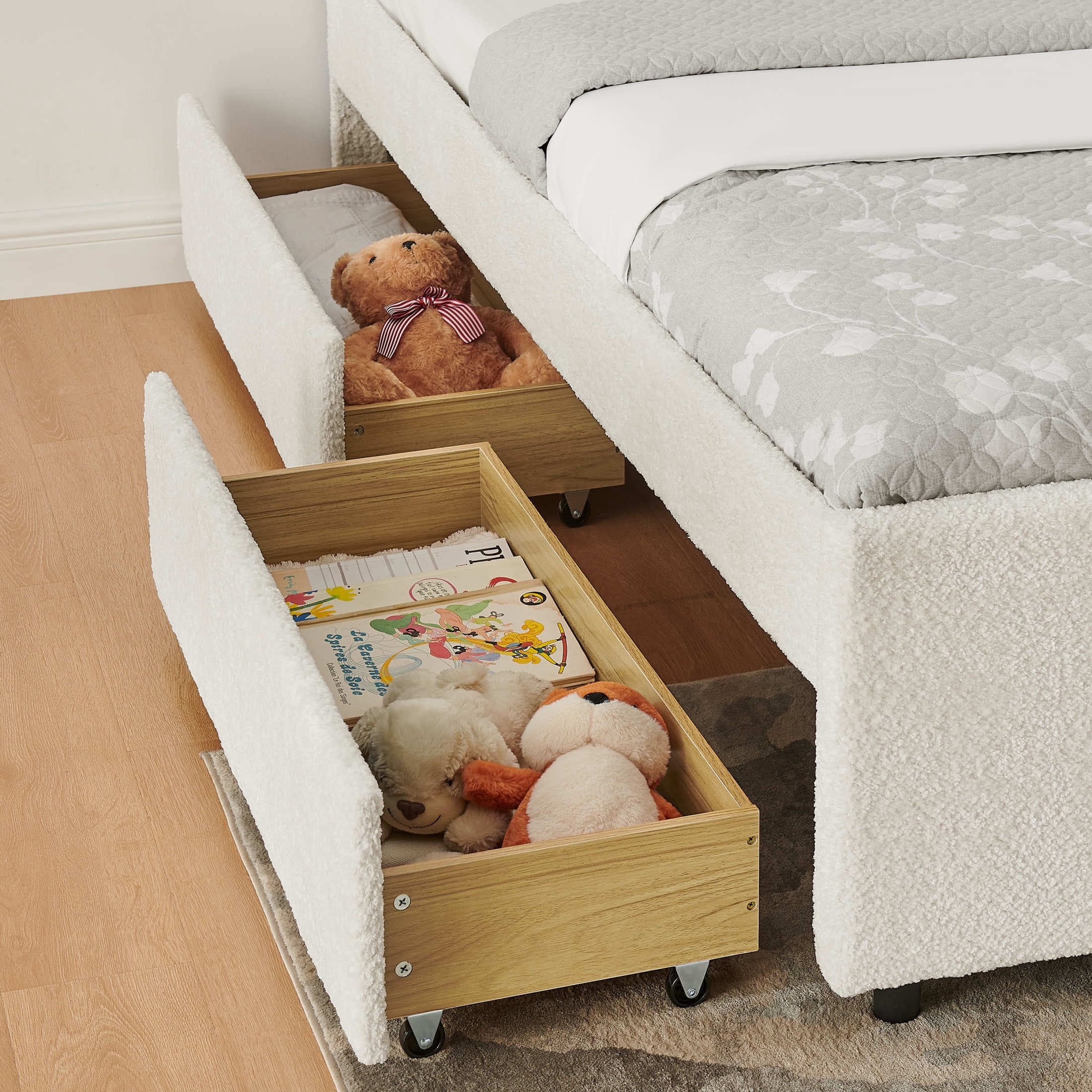 Noble House Luxen Full Chenille Upholstered Bed, Vertical Tufted Daybed with Pull-out Trundle and Storage Drawers, Beige