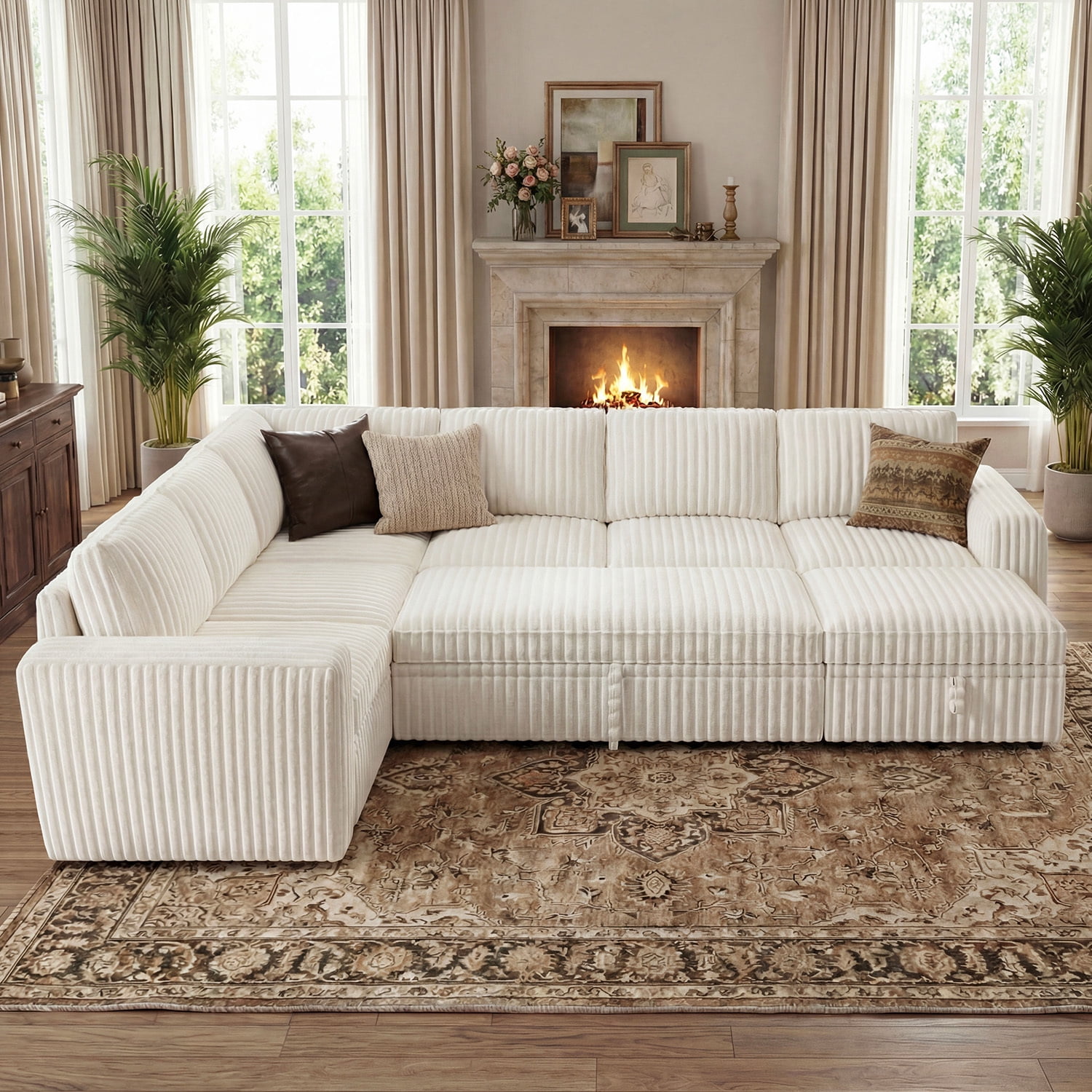 Marrber 106” Oversized Modern Plush Corduroy U-Shaped Modular 7-Seater Pull-Out Sectional Sleeper Sofa Bed with Hidden Storage for Living Room and Apartment, Easy Assembly, White