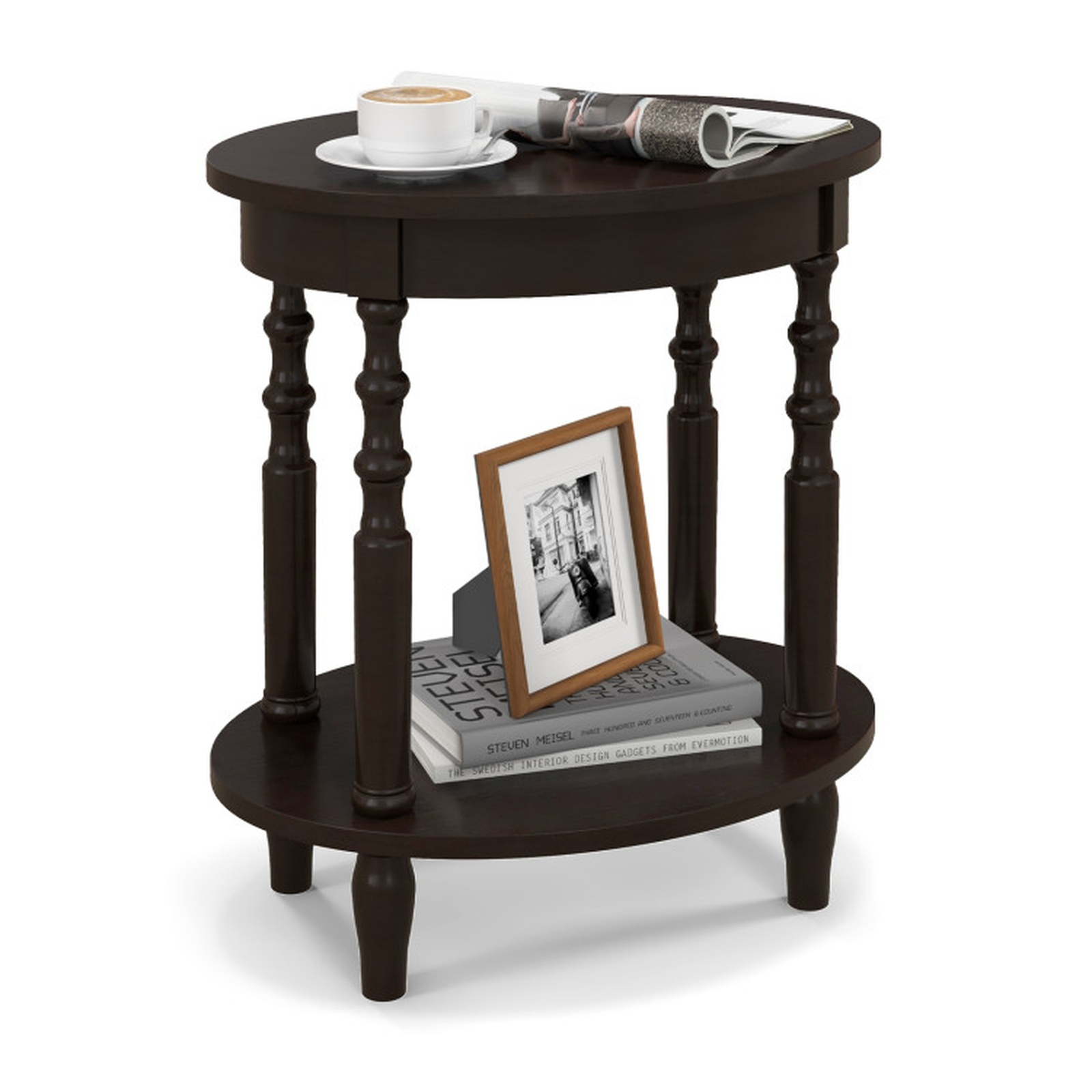 Furnibear 2-Tier Oval Side Table with Storage Shelf and Solid Wood Legs for Living Room Bedroom Sofa Side Nightstand Small Spaces, Espresso
