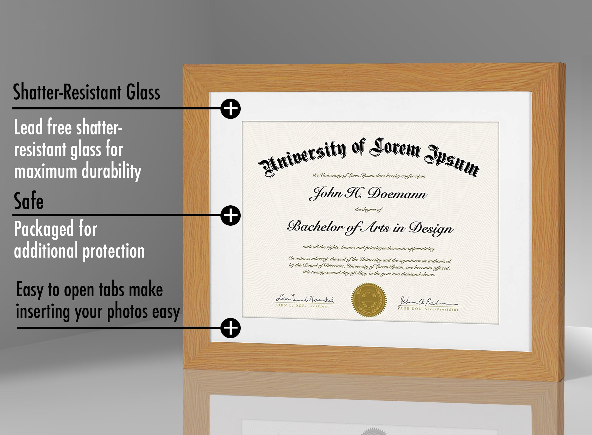 Americanflat 11x14 Oak Diploma Frame - Displays 8.5x11 Diplomas with Mat or 11x14 Inch Without Mat - Shatter-Resistant Glass. Hanging Hardware Included!