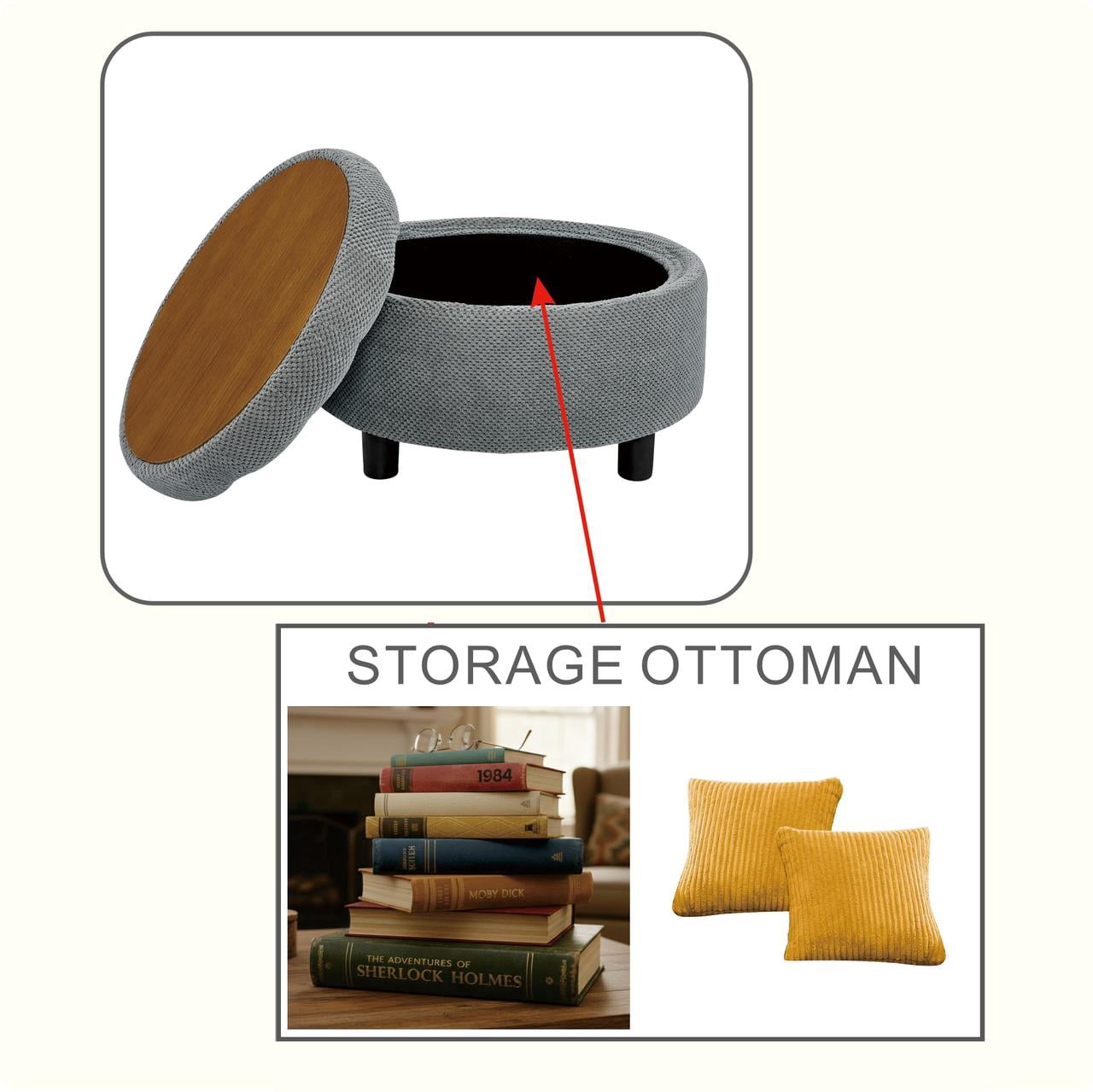 Leumius Storage Ottoman Bench,Round Coffee Table Ottoman,Wooden Top Side Table with Hidden Storage for Living Room,Bedroom,LIGHT GREY