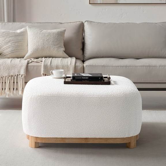 Tina's Home Modern 40" Chenille Ottoman Coffee Table, Upholstered Footstool with Solid Wood Legs for Living Room Bedroom, Ivory