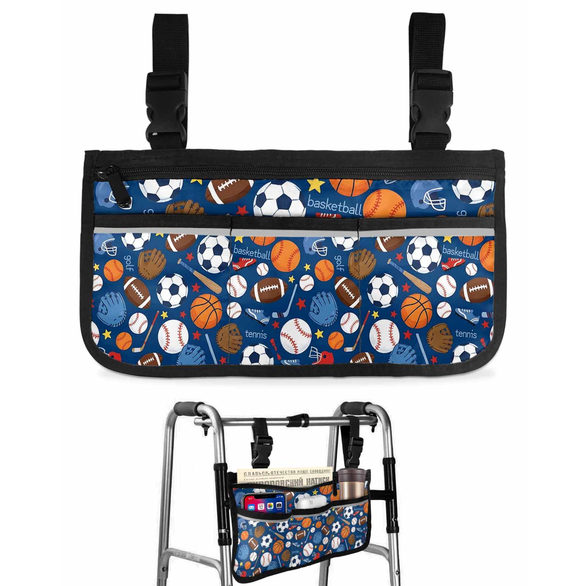 Ball Sports Wheelchair Side Bag Walk Bag Basket, Navy Blue Wheelchair Accessories Armrest Pouch, Organizer Storage Bags for Walkers, Rollators, Scooters, 7.3"x13"