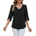 thumbnail image 3 of Womens Chiffon Pleated Blouse Mid Sleeve V Neck Ruffle Detail Loose Fit Top, 3 of 8