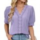thumbnail image 2 of Eres Más Que una Camisa de Puntuación de Prueba Boho Top Manga Corta Cuello Redondo Blusa Suelta, Detalle de Encaje Color Sólido Desgaste de Verano Casual, Mezcla de Poliéster Spandex, 2 of 9