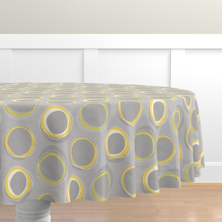 

Cotton Sateen Tablecloth 90 Round - Solar Yellow Mid Century Gray Mod Modern Abstract Circles Print Custom Table Linens by Spoonflower