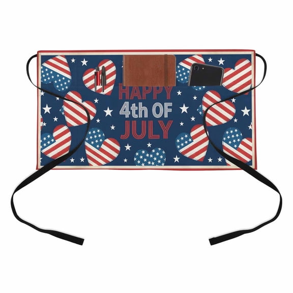 Happy 4th of July Kitchen Restaurant Half Waist Apron, Star Flag Love Heart American Flag Server Short Apron with 3 Pockets Waterproof Oil Waist Aprons for Women Waitress Waiter