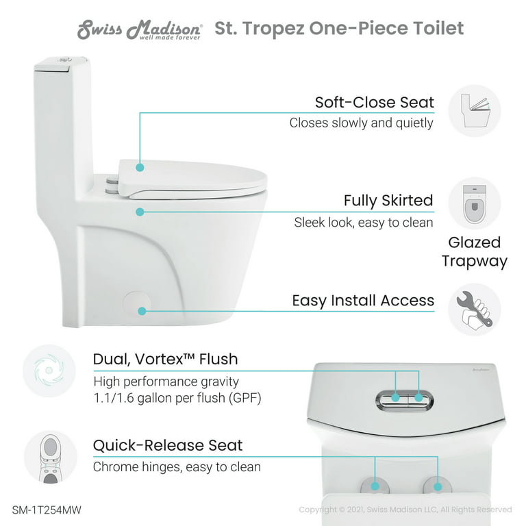 Swiss Madison St Tropez One Piece Elongated Toilet Vortex Dual Flush In Matte White 1 6 Gpf Com