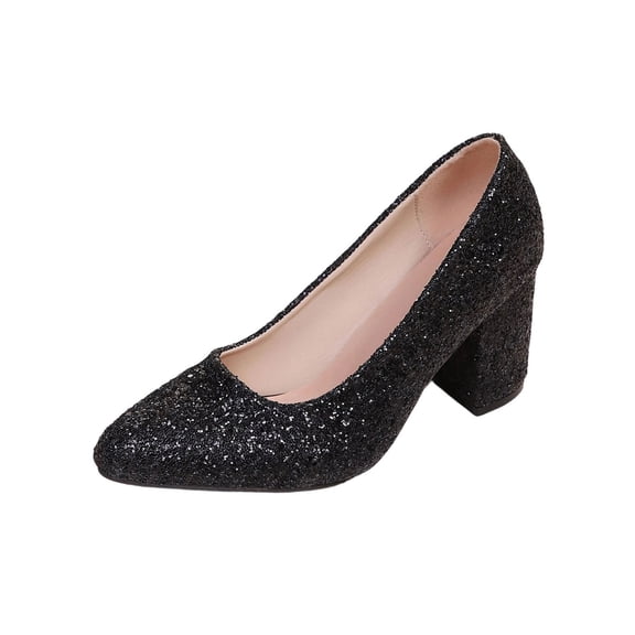Black Ladies Rhinestone Sequined Pointed Toe High Heels Solid Color Comfortable For Casual Plus Size Pu