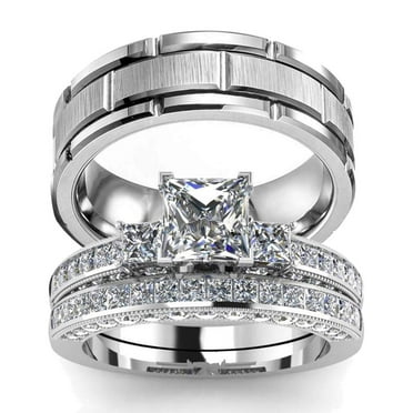 wedding ring set His Hers Couples Matching Rings Women's 10k White Gold Filled Heart CZ Wedding Engagement Ring Bridal Sets & Men's Tungsten Carbide Wedding Band women's size 5 & m