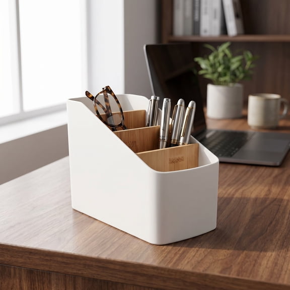 Liujiale Remote Control Holder for Table, 3-Compartment Desk Organizer for Remote Controls, Pens, Keys, Phone and Makeup White