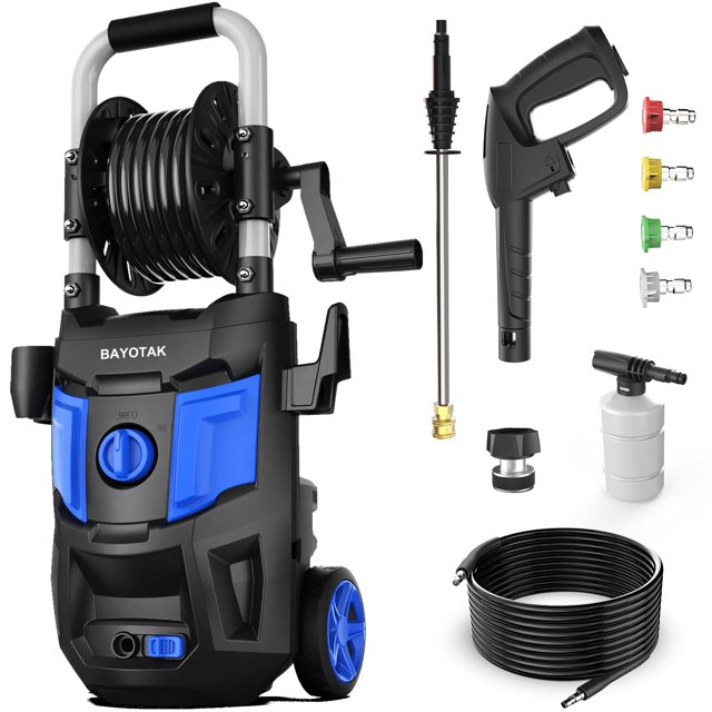 Hidrolavadora eléctrica BAYOTAK, 5200 PSI máx., 3.4 GPM, máquina de limpieza de alta presión con cañón de espuma, cable de alimentación de 35 pies, manguera de 20 pies, 4 boquillas de conexión, carret
