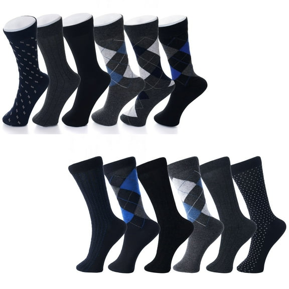 Alpine Swiss 12 Pack Mens Cotton Dress Socks Mid Calf Argyle Pattern Solids Set
