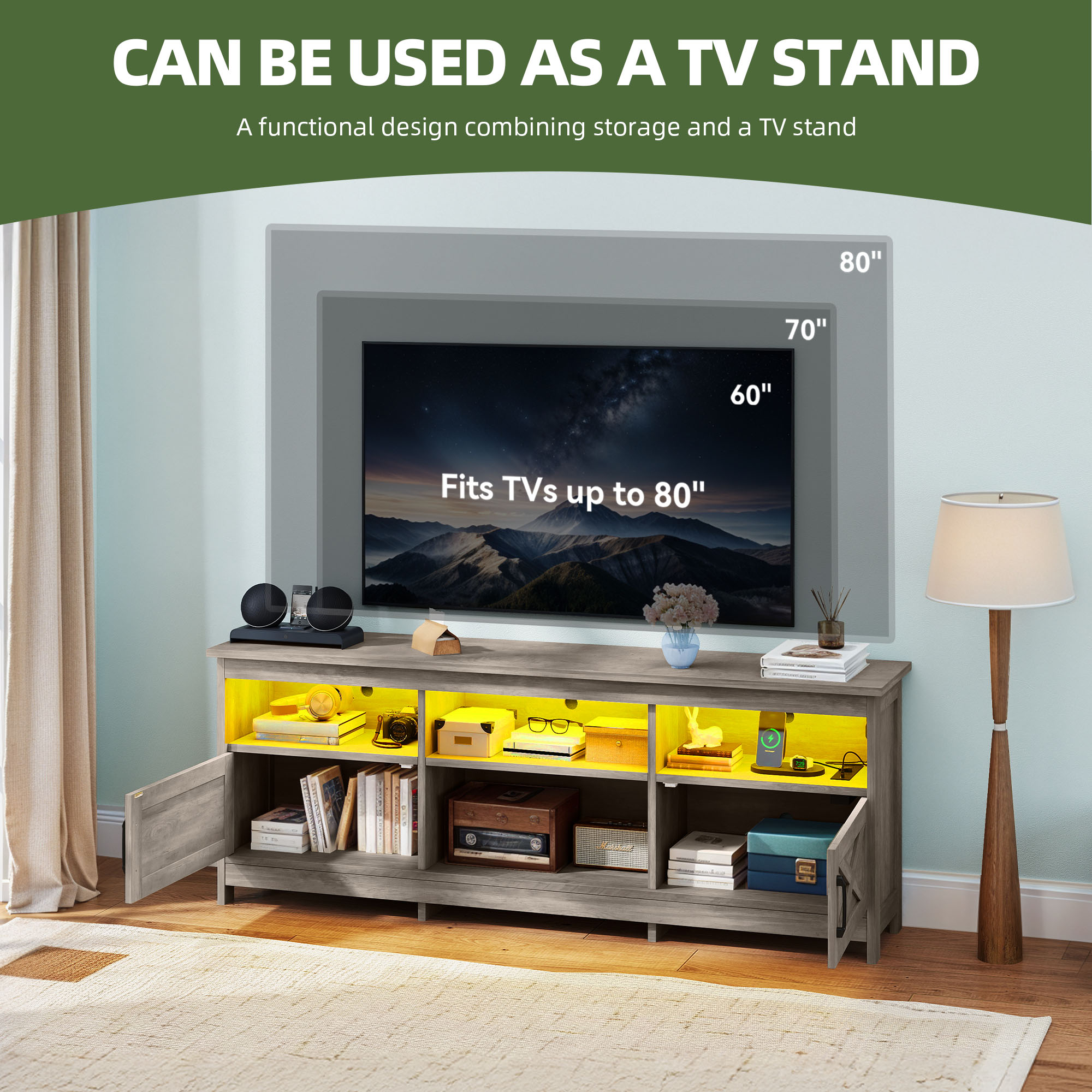 Uforic TV Cabinet with Storage, LED Lights, and Power Outlet for Living Room, Bedroom, or Apartment for 65 Inch TVs, Washed Gray