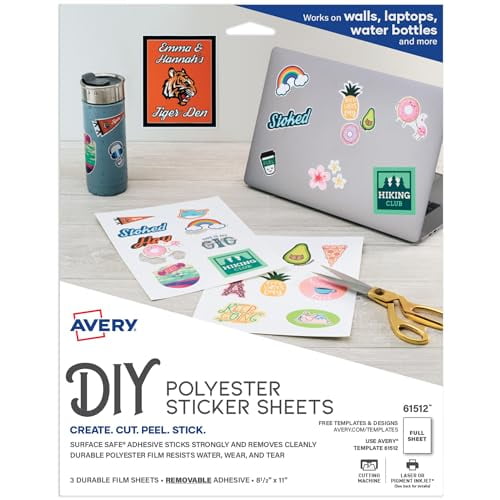 Papel adhesivo de poliéster Avery duradero para bricolaje, 8,5" x 11", adhesivo removible apto para superficies, resistente al agua para impresoras láser o de inyección de tinta pigmentada, 3 hojas de