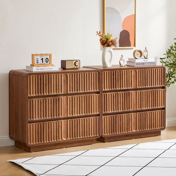 LEFHDA Mid-Century Modern Fluted 3-Drawer Wood Dresser with Curved Profile & Anti-Tip, Walnut Storage Cabinet for Bedroom or Living Room (31.5"W Set of 2 )