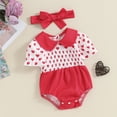 thumbnail image 6 of Douhoow Newborn Infant Girls Valentine Romper Heart Print Doll Collar Short Sleeve Bodysuits with Headband, 6 of 9