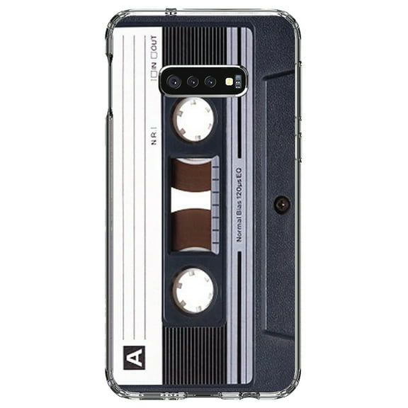 DistinctInk Clear Shockproof Hybrid Case for Samsung Galaxy S10e (5.8" Screen) - TPU Bumper, Acrylic Back, Tempered Glass Screen Protector - Audio Cassette Tape