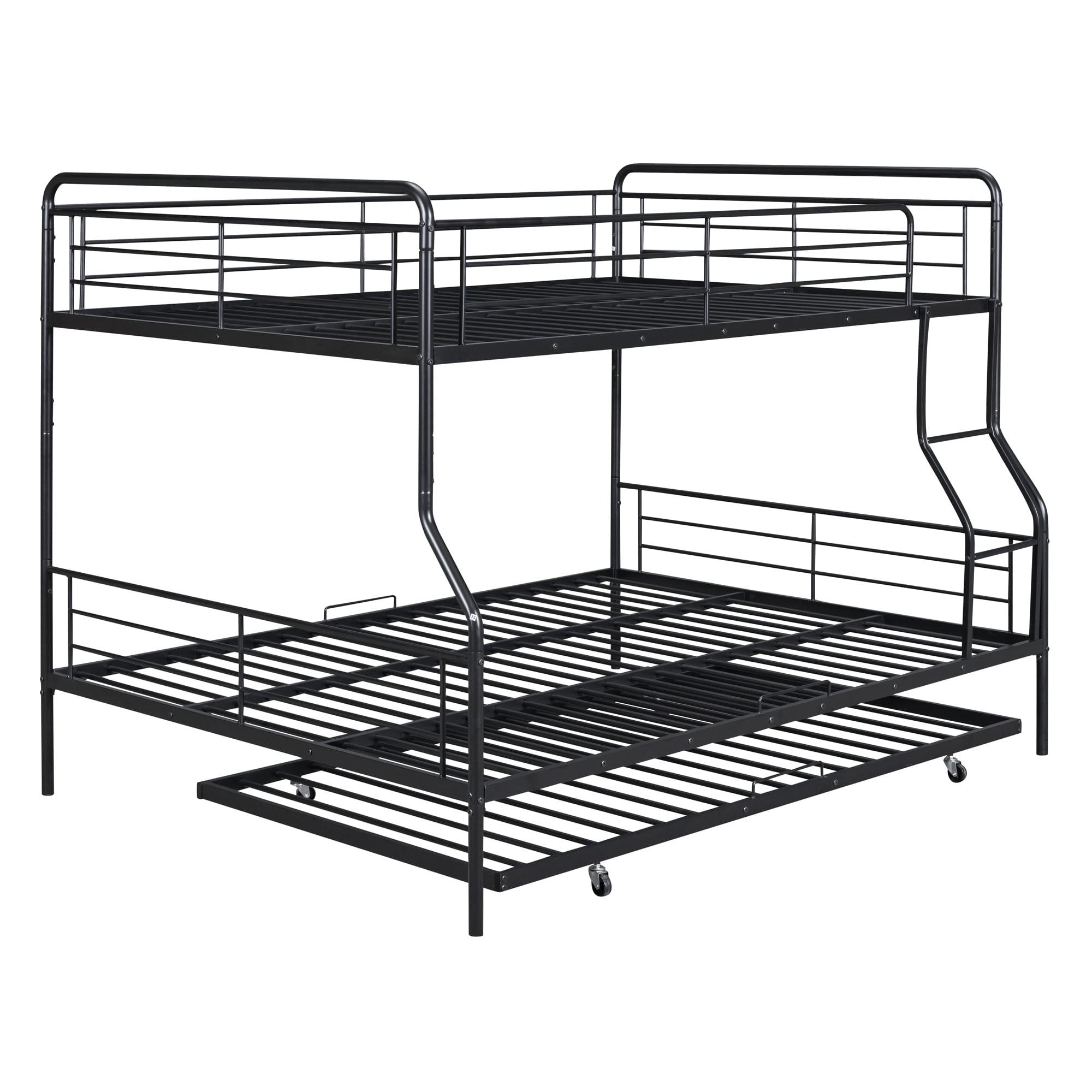 Full XL Over Queen Bunk Bed with Trundle,Heavy Duty Metal Bed Frame Sturdy Guard Rail for Kids/Adults,Can be Divided Into Two Beds,Black