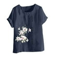 thumbnail image 4 of Txeol Linen Short Sleeve Tops for Women,Plus Size Women Cotton Linen Button Shirt 2024 Spring Casual Crewneck Flower Graphic Tee Gauze Tunic Top Blouse,Navy,M, 4 of 5
