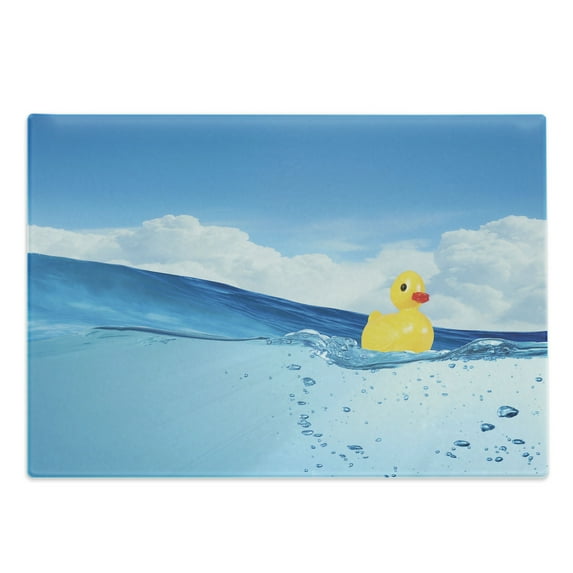 Rubber Duck Cutting Board, Little Duckling Toy Swimming in Pond Pool Sea Sunny Day Floating on Water, Decorative Tempered Glass Cutting and Serving Board, Large Size, Blue and Yellow, by Ambesonne