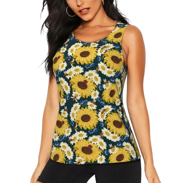 Fotbe Sunflowers Blusas Sin Mangas para Mujer – Estilo Casual, Corte Suelto, Slim-Fit, Cuello Redondo Deportivo, Tops de Verano para Gimnasio y Yoga-Medium