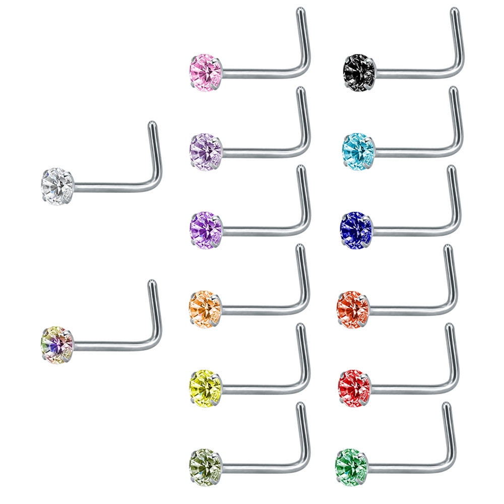 ZS 18g 14Pcs Mix Colors Cubic Zirconia Crystal Nose Ring Piercing Nose
